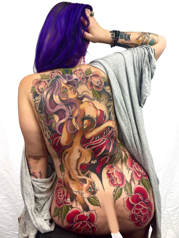 Cat & peonies backpiece tattoo by Valerie Mourningstar