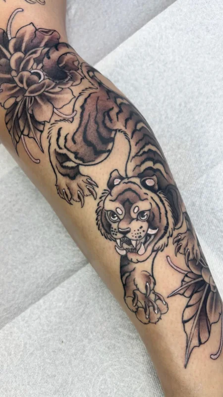 Tiger & peonies tattoo by Valerie Mourningstar