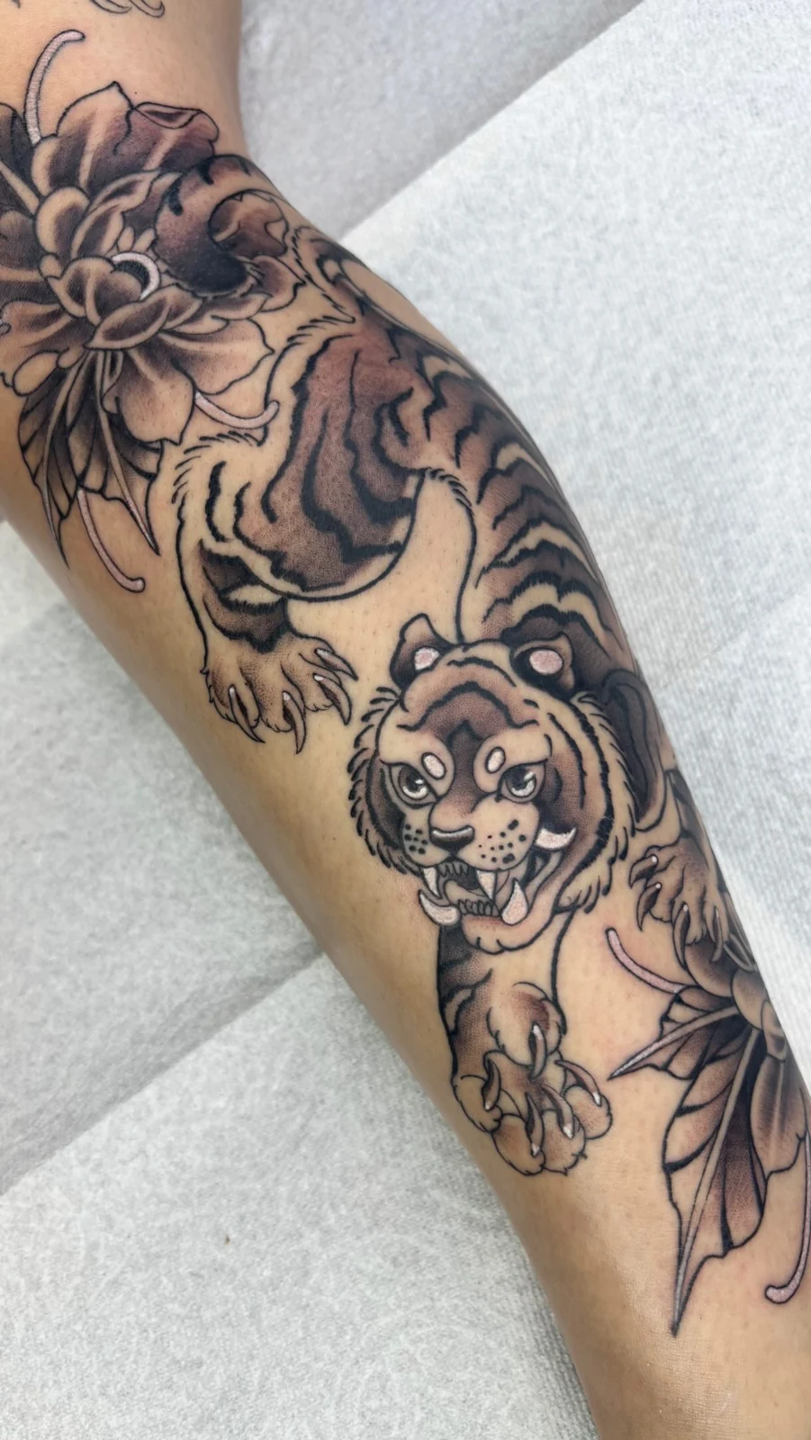 Tiger & peonies tattoo by Valerie Mourningstar